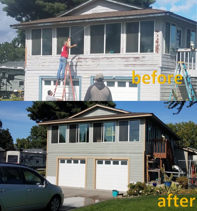 Before and after of an exterior house painting project